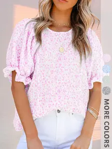 New Summer Women's Floral Bubble Sleeve Ruched Shirt, Elegant Button Back Design, Versatile Casual Top for Office, Date, Vacation