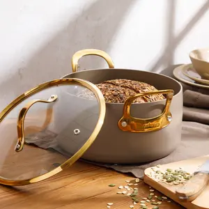 6 Quart Dutch Oven with Lid - PFAS-Free Ceramic Nonstick Aluminum - Cappuccino Cream with Gold Handles