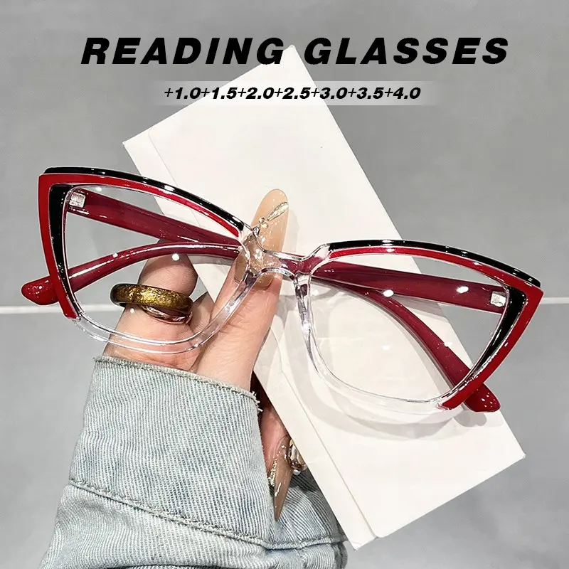 Fashion cat-eye color block dopamine color reading glasses, anti-blue light presbyopic glasses, suitable for reading books, working, watching computers, reading instructions, the best choice for parents, Reading Eyeglasses, Reading Eyewear