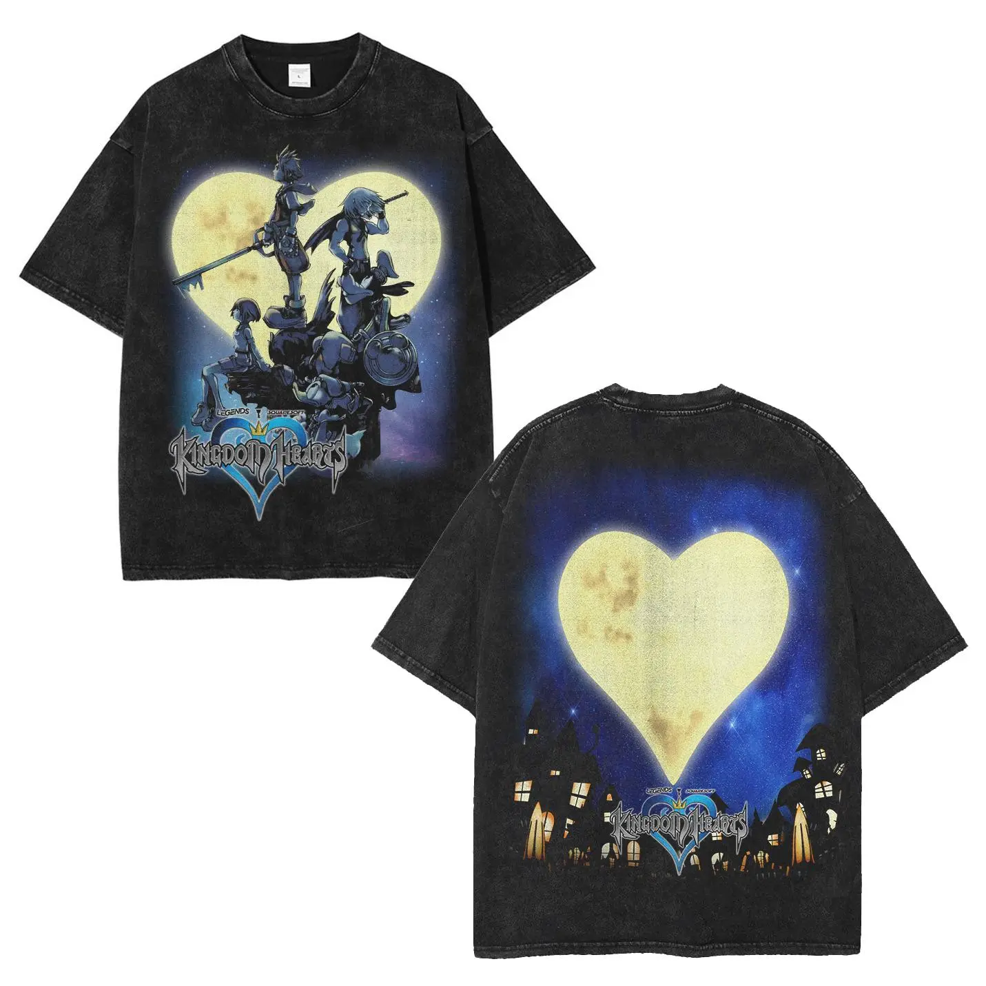 KINGDOM HEARTS 2 sided Washed T-shirt, Cotton Unisex graphic tee 90s Top Casual Tshirt shirts  men grass  jacket Menswear Streetwear