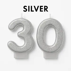 Sparkling Silver Glitter Number 30 Birthday Candles, 2-Piece Set