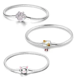 Pet Lover Paw Print Clasp Bracelet, 925 Sterling Silver, Pink Paw Design, Flexible Snake Chain for Charms, Pet Memorials & Birthday Gifts, Silver & Pink (17 cm / 6.69 in)