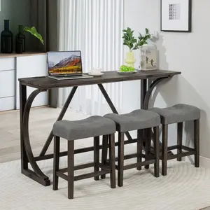 4-Piece Bar Table Set with Power Outlet, Dining Bar Table & 3 Padded Stools in Dark Gray for Living Room, Dining Room, Game Room