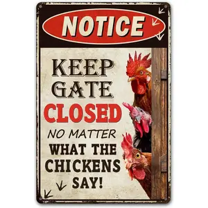 Retro Waterproof Tin Chicken Coop Sign, "Keep Gate Closed" Decorative Metal Plaque for Farm, Home or Door, 12" x 8", Yard Sign, Vintage Metal Sign
