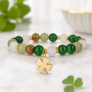 1pc Lucky Four Leaf Clover Bracelet with Green Aventurine & Agate Beads | Wealth Attraction Crystal Jewelry | Fashion Stretch Bracelet Gift for Women
