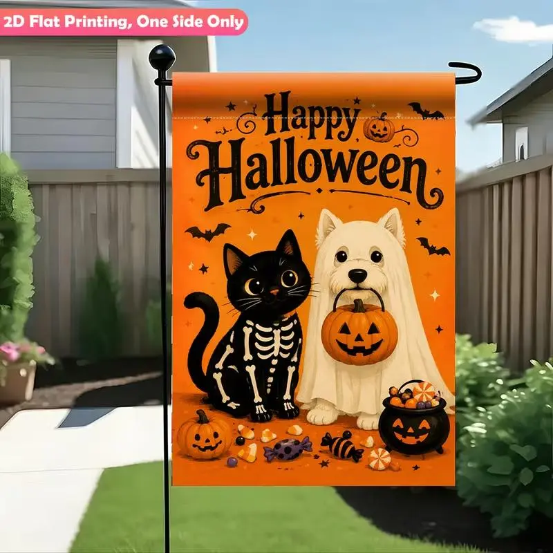 Halloween Decor Single-Sided 2D Print Garden Flag - Orange Background with Skeleton, Black Cat, Ghost, Dog, Jack-O'-Lantern, Candy, Bat - Cute Fall Outdoor Decor for Front Porch, Lawn - Flag Stand Not Included