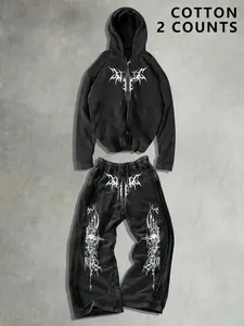 Men's Cotton Two-Piece Set, Graphic Print Hoodie & Long Pants, Casual Loose-Fitting, Spring Fall Winter Sports Wear, Matching Sets