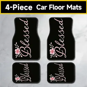 "Blessed" Pink Floral Car Floor Mats, 4-Piece Universal Set for Cars, Trucks & SUVs, Non-Slip Base, Durable Stain-Resistant Fabric, Inspirational Quote Print, Daily Use Auto Interior Accessories for Men and Women automotive new year gift kit