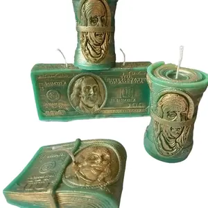 Handmade Green Golden Prepared Manifestation Candle - Unique Design Inspired by Money Bills