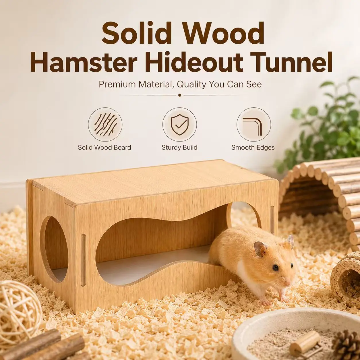 Natural Wood Hamster Hideout Tunnel House - Double-Entry Small Animal Shelter, Smooth Edges, Chew-Resistant, Waterproof, Urine-Resistant, Easy-Clean Cage Accessory for Dwarf Hamsters, Chinchillas (Daily Use for Guinea Pigs, No Unsafe Features)