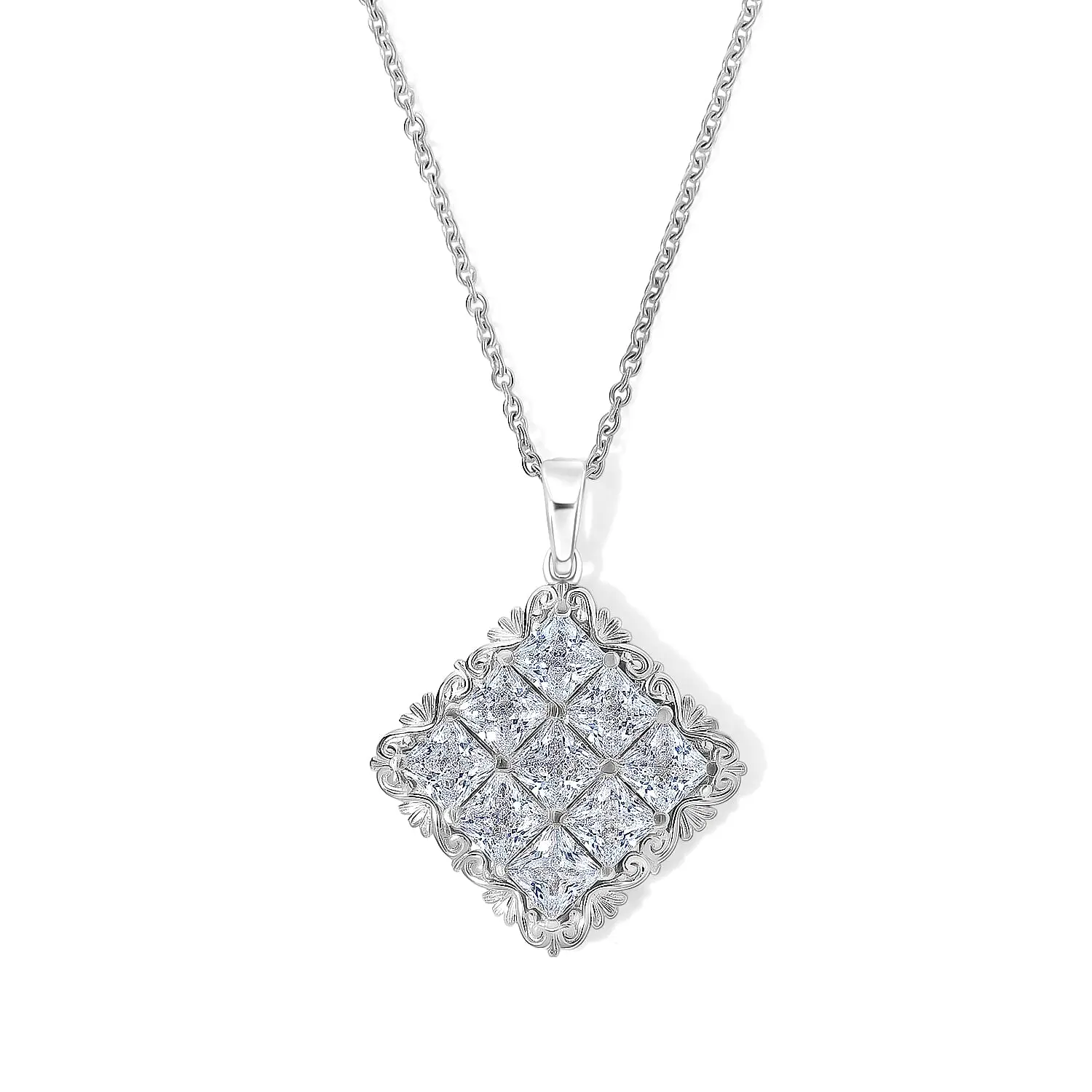 EverTrue Simulated Diamond Pendant in Platinum Bond with Stainless Steel Necklace (20 Inches)