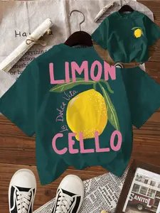 Women's Lemon & Letter Print Round Neck Tee, Casual Short Sleeve T-shirt for Summer, Ladies Sleepwear for Daily Wear