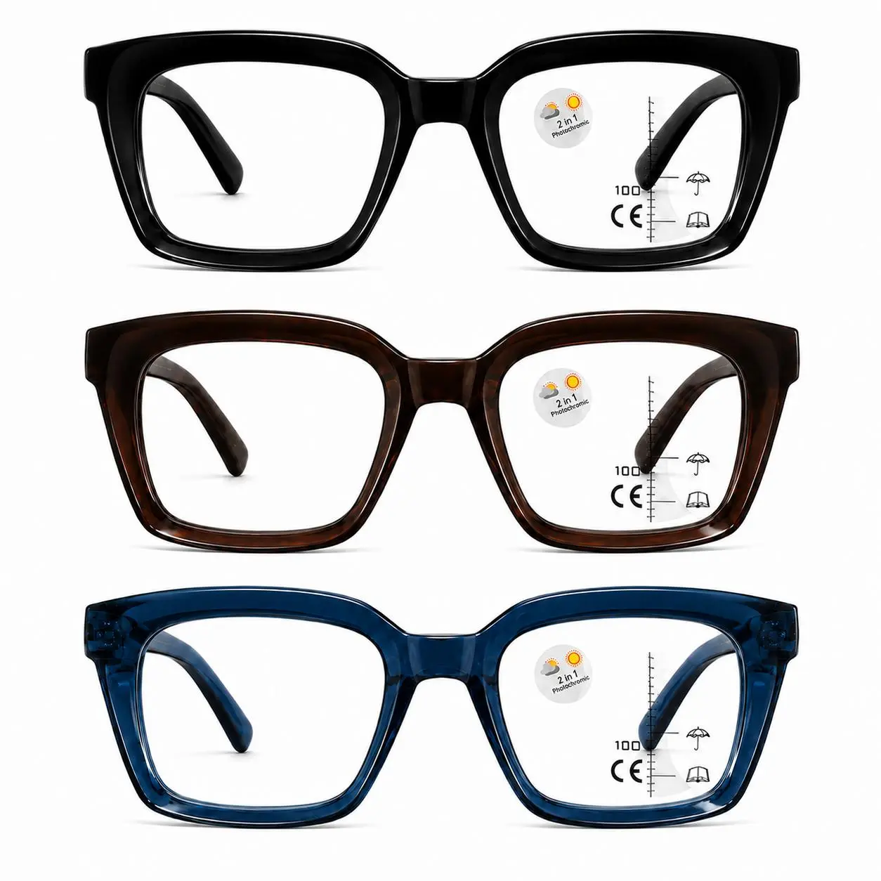ViewSelect Progressive Multifocal Photochromic Reading Glasses for Women Men, Light Adaptive Readers, Blue Light Filtering Near Mid Far Vision Eyeglasses, Oversized Square Frame