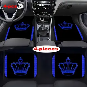 4pcs blue large crown pattern car floor mat-polyester fiber material, anti-slip lining, easy to clean, car interior assembly, suitable for front and rear seats
