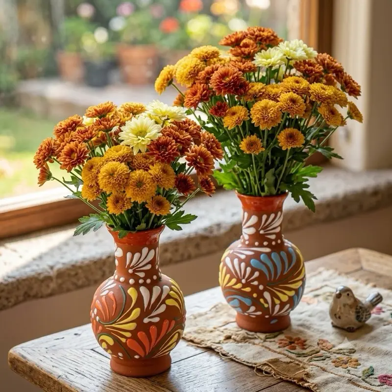 Ceramic Mexican Flower Arrangement Vase Set - 2-Piece, Aesthetic Home Decor, Unique Decor for Living Room