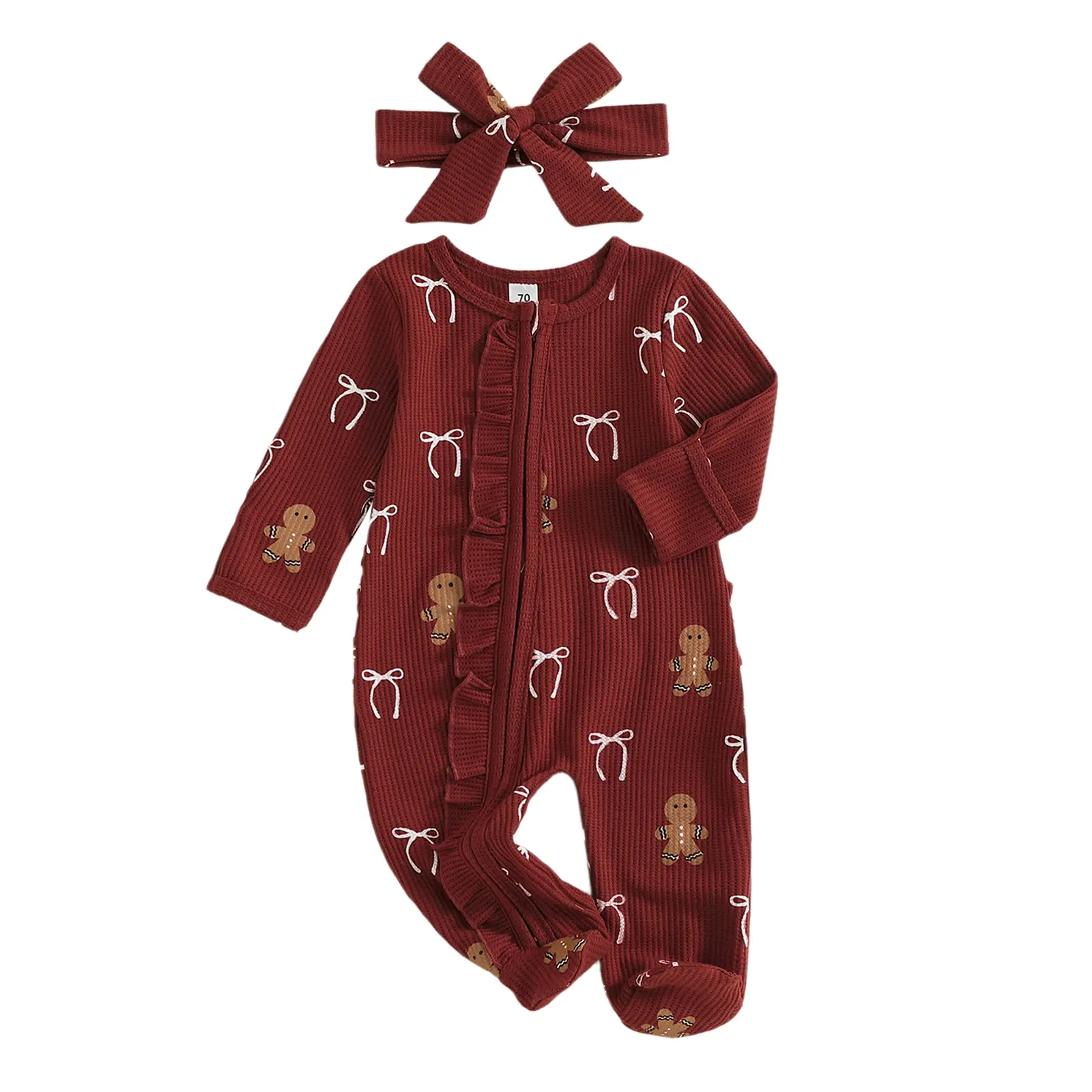 Newborn Baby Girl Boy Christmas Footie Pajamas Romper Waffles Jumpsuit Xmas Tree Gingerbread Candy Can Print Onesie Bodysuit Fall Winter Outfit