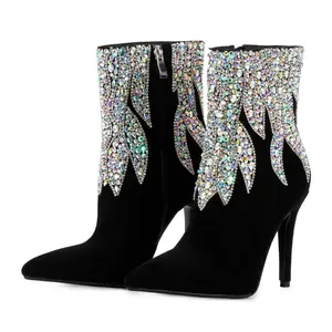 Momoo Classic Black Suede High-Heel Boot With Crystals