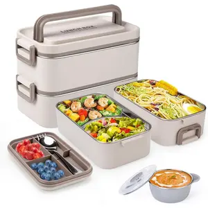 Bento Box Adult Lunch Box, Stackable 2 Layer 304 Stainless Steel Lunch Container for Adults  Office, 2L Capacity Portable Lunch Box Containers with Soup Bowl Spoon and Fork