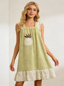 Avocado Pineapple Embroidered Bathrobe, Polka Dot Ruffle Halter Sleepwear, Elegant Comfortable Home Wear