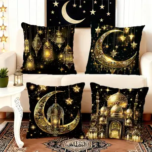 4pcs Ramadan Mubarak Throw Pillow Covers 18x18 Inch Eid Mubarak Decorative Cushion Cases with Moon Stars and Lanterns Golden Pattern Design Polyester for Ramadan Kareem Eid al-Fitr Home Sofa Decor (Inserts Not Included)