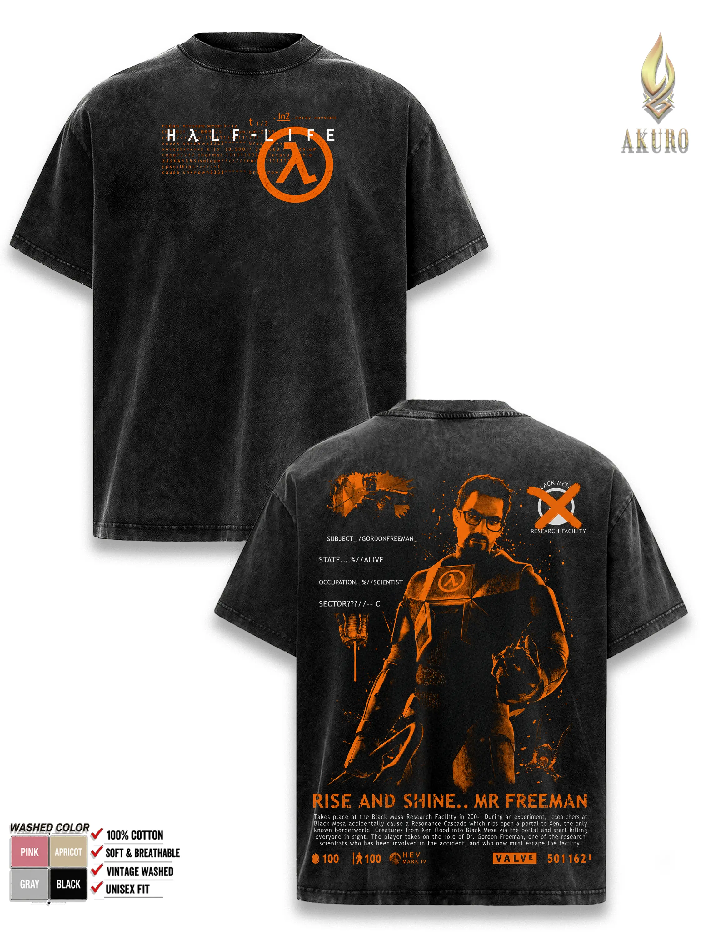 Half Life Gordon Freeman T Shirt, Black Mesa HEV Suit Graphic Tee, Vintage Washed Oversized Sci Fi FPS Shirt, Double Sided Retro Gamer Streetwear
