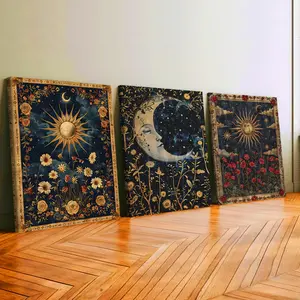 3Pcs Wooden Framed Canvas Painting, Celestial Sun Moon And Flowers Tapestry, Exquisite Poster, Home Decoration, Pattern Wall Art Decor, For Living Room, Bedroom, Office, Restaurant, Bar Wall Decor, Odorless, Painting, Print Artwork.