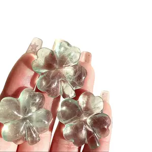 1 count Green Fluorite Hand Carved Four Leaf Clover Crafts Reiki Crystal Healing Energy Quartz Home Ornament