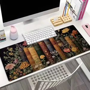 Dark Vintage Books & Wildflower Xxl Extended Gaming Mouse Pad, Non-Slip Rubber Base, Waterproof Surface, Durable Design for Home Office & Workstation, Perfect Gift for Gamers