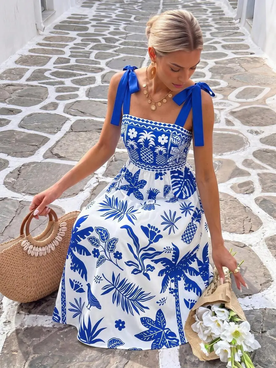 Vivid Eden Women's Palm Tree Print Tie Shoulder Dress, Vacation Style Vacation Blue And White Summer Tropical