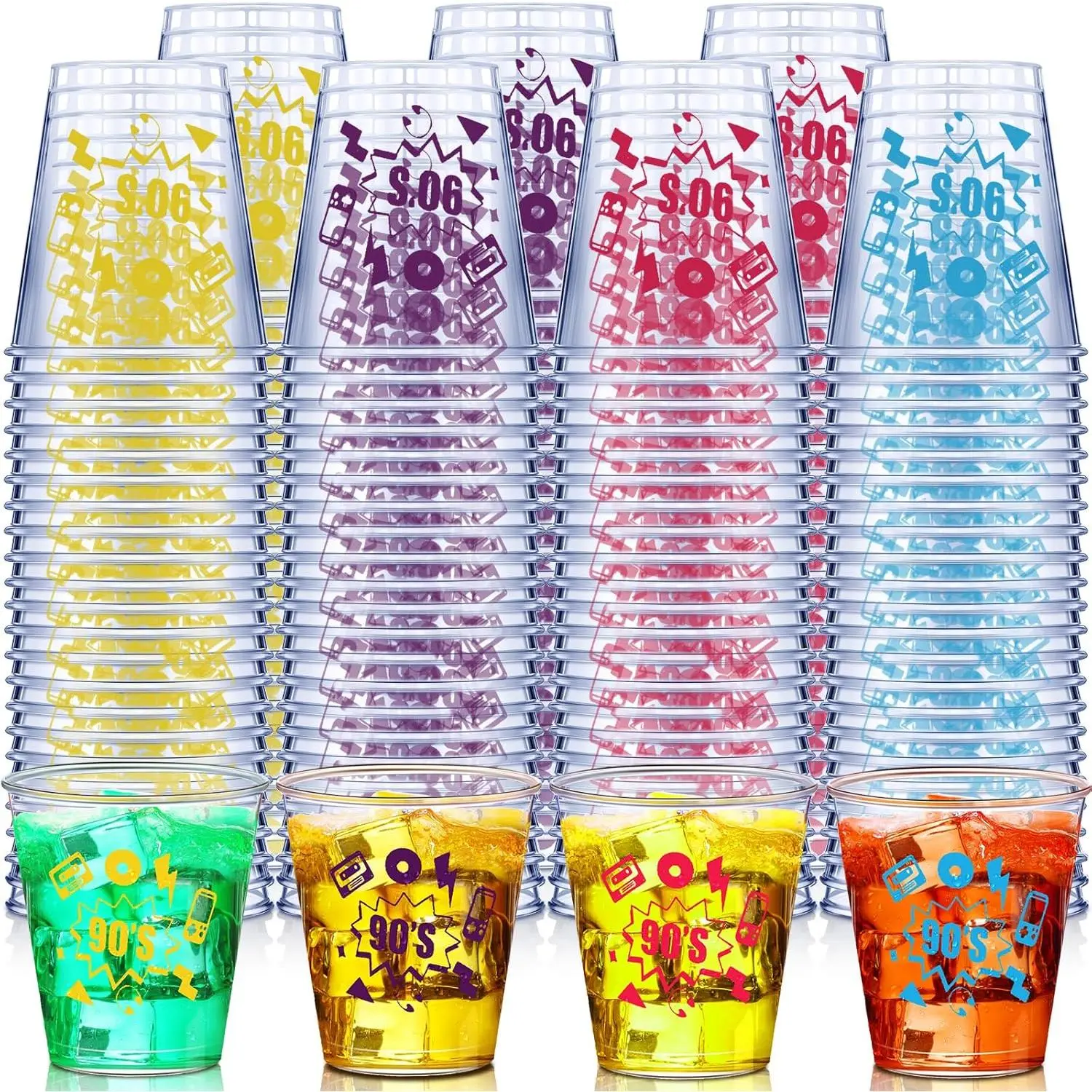 100 Pcs 90s Plastic Shot Glasses 2oz Disposable Party Cups Bulk Small Drinkware Cups for Tasting Wine Whiskey Serving Snacks Samples Party Supplies (Retro Style)