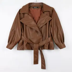 TRNDY LAB 2026 Spring Short Fitted Brown Soft Lightweight Pu Leather Jacket Women Raglan Sleeve Sashes Black Fall Clothes 2025
