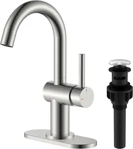 Brushed Nickel Bathroom Faucet Single Handle Modern Prep Wet Bar Sink Faucet Bathroom Sink Faucets with Drain Assembly & Deck Plate, Farmhouse RV Camper Outdoor Utility Faucet, KE-9005B