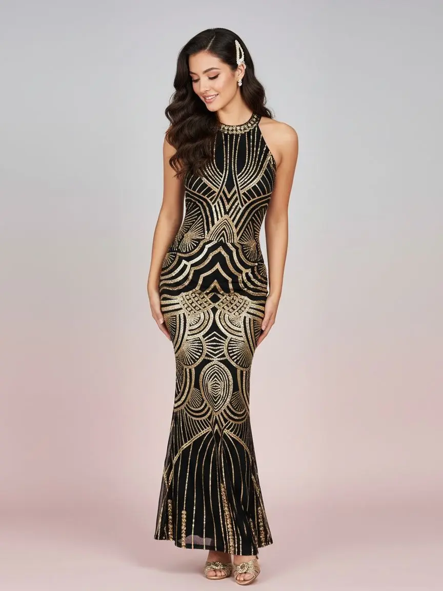 Women's 1920s Retro Sleeveless Sequin-Embellished Golden Backless Formal Gown - Elegant Vintage Lady Clothes for Wedding, Key Occasions - Formal Gowns - TikTok Shop Women's 1920s Retro Sleeveless Sequin-Embellished Golden Backless Formal Gown - Elegant Vintage Lady Clothes for Wedding, Key Occasions - Formal Gowns - TikTok Shop