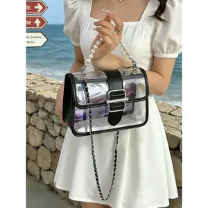 2026 Transparent PVC Pearl Chain Crossbody Bag, Small Square Clear Shoulder Bag for Women