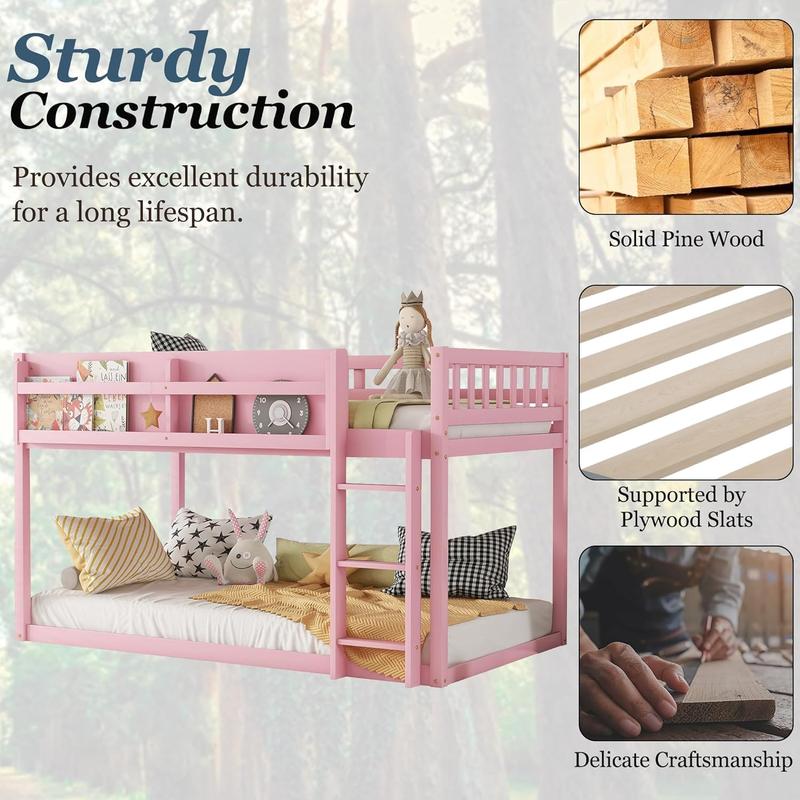 Twin Low Bunk Beds Frame, Wooden Bunk Bed Frame Twin Over Twin, Convertible Floor Bunk Bed with Storage Shelf & Ladder, No Box Spring Needed (Pink) Twin Low Bunk Beds Frame, Wooden Bunk Bed Frame Twin Over Twin, Convertible Floor Bunk Bed with Storage Shelf & Ladder, No Box Spring Needed (Pink)