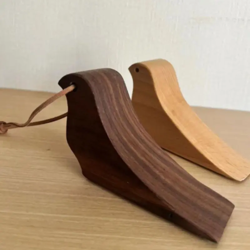 Functional Decorative Wooden Bird Door Stopper, Handmade Animal Suction Wedge with Leather Cord, Unique Home Accessory