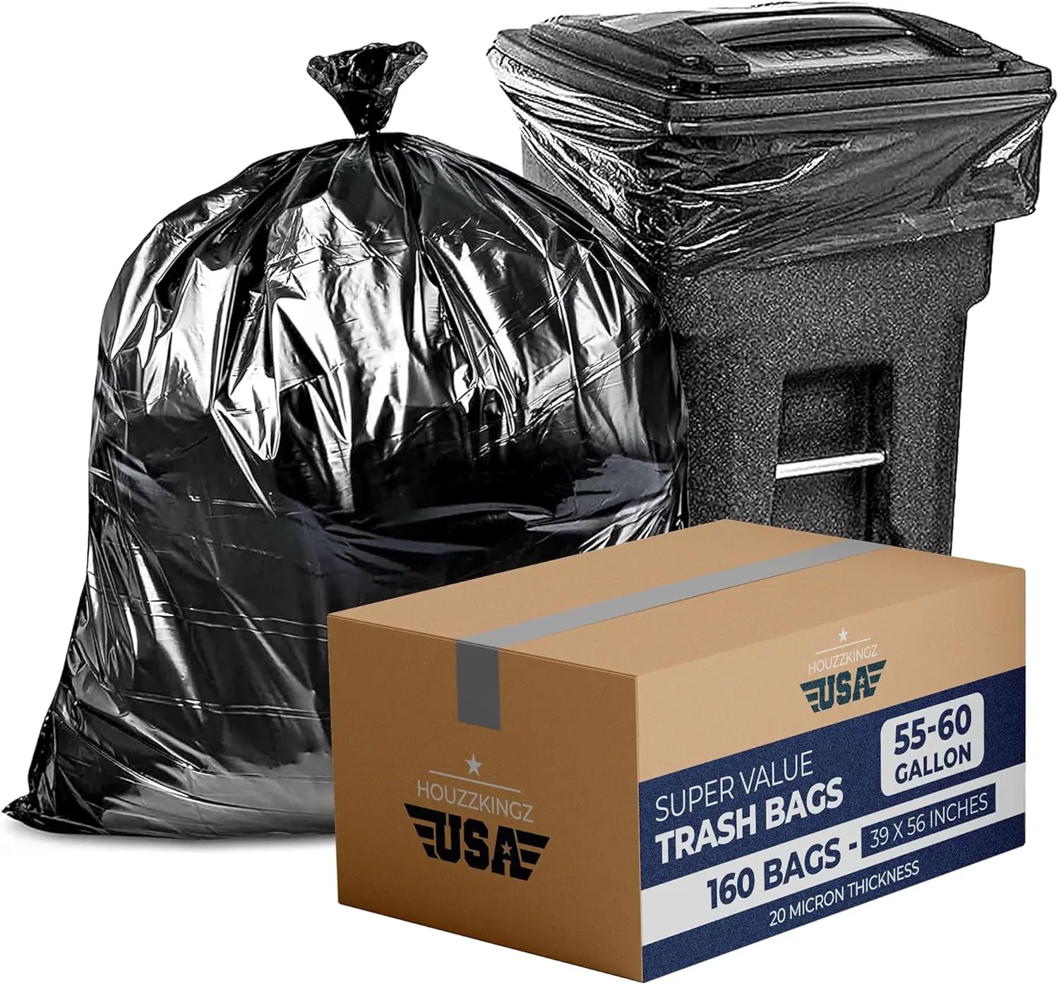 55 Gallon Large Trash Bags – 160 Mega Pack – 20 Micron Black Contractor Garbage Bags | Heavy Duty Lawn Leaf Yard Waste Bags | 55-60 Gallon Extra Large Construction Industrial Plastic Trash Can Liners