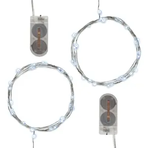 LumaBase Battery Operated LED Fairy String Lights Set of 2 Bendable Silver Wire Cords Micro Lights for Indoor Outdoor Use Weather Resistant