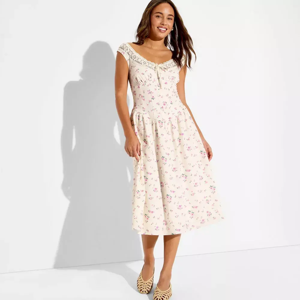 Wild Fable Women's Button-Front Lace Midi Dress