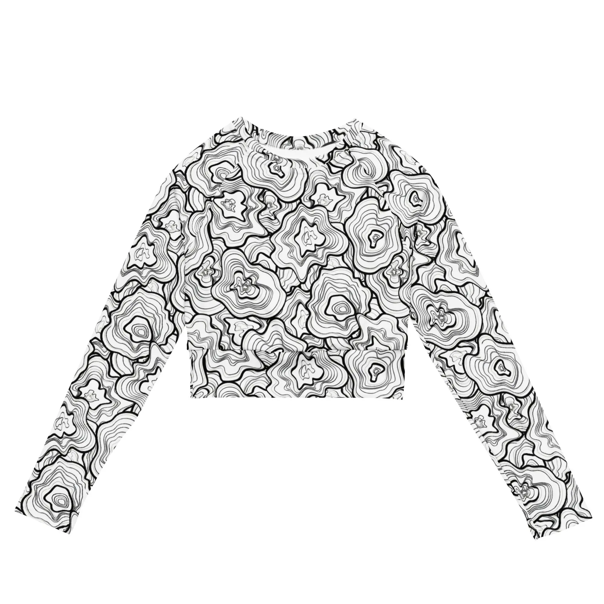 Abstract Flowers Recycled Long Sleeve Compression Crop Top - Eco-Friendly Polyester & Elastane Snug Fit for Women's Casual Wear