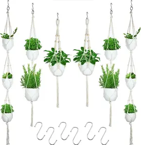 6 Pieces Macrame Plant Hangers with 6 Hooks, Different Tiers, Handmade Rope Hanging Planters Set Flower Pots Holder Stand Hanging Plant Holder for Indoor Outdoor Boho Home Decor (Creamy White)