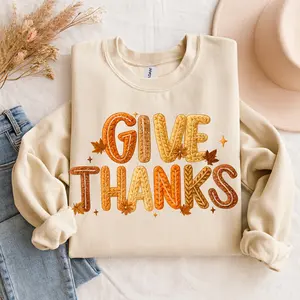 Give Thanks Faux Crochet Sweatshirt – Cozy Fall Thanksgiving Sweater | Neutral Autumn Pullover Gift | Fall Season Top | Pumpkin Patch Sweater | Thankful Sweater