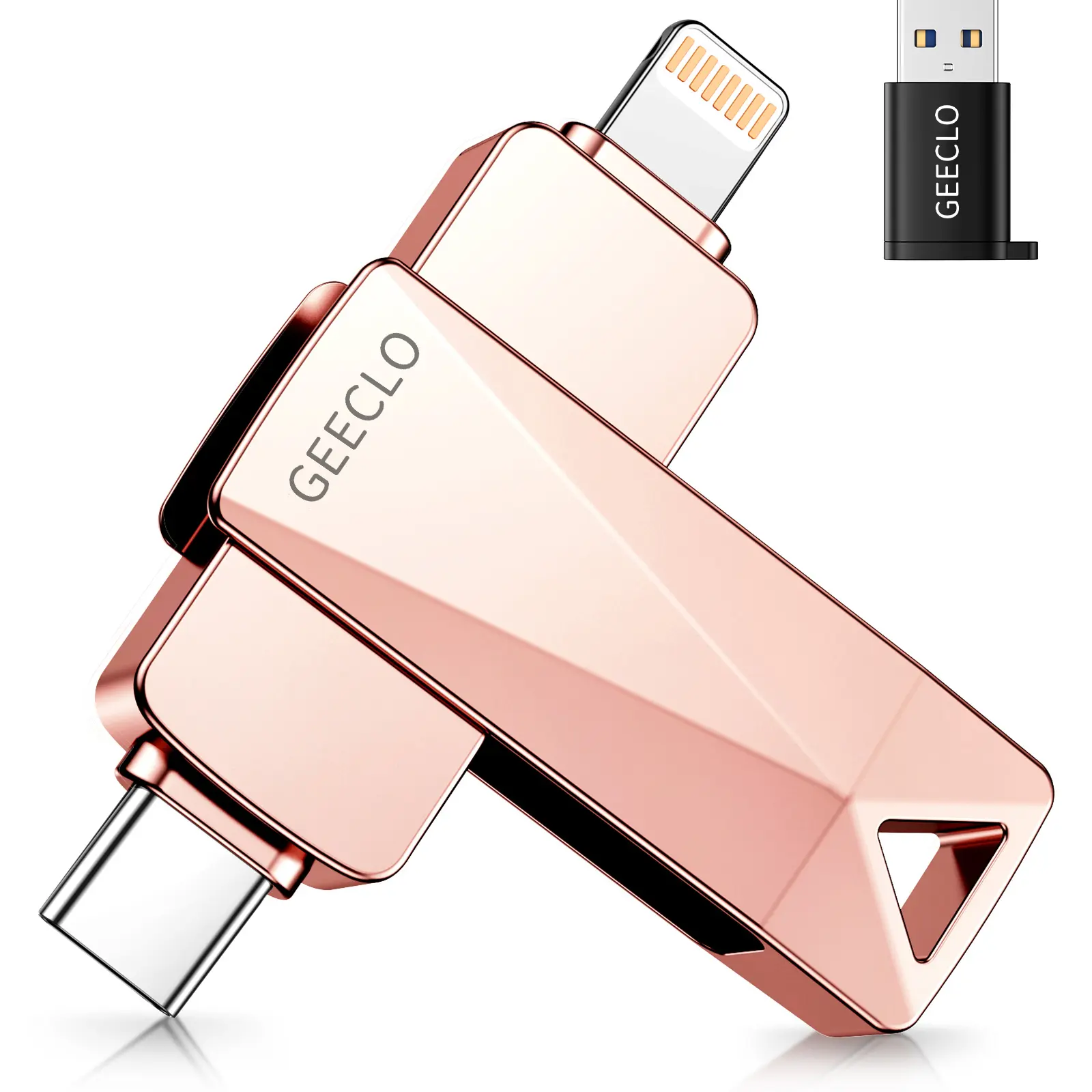 GEECLO Class 10 Portable Type-C Lightning Flash Drive (1TB-512GB) Rose Gold, Plug-and-Play USB-C Memory Stick, No Cloud/App Needed, Cross-Device Transfer for iPhone iPad, Android Phones, Computers