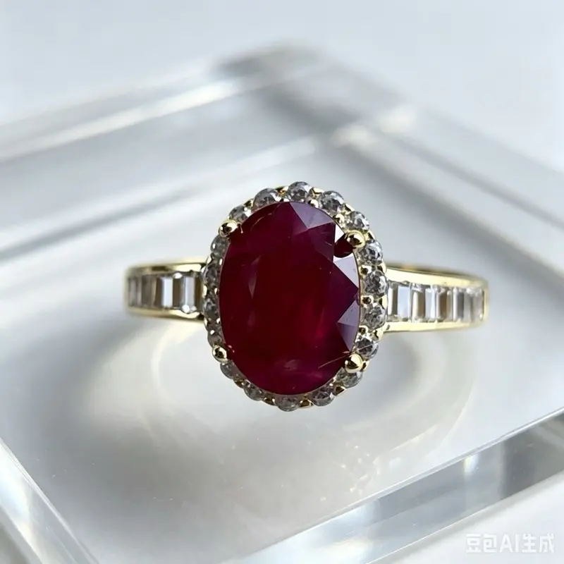 <PingEast jewelry > Ruby ring405----925 sterling silver ring features a gold-tone band set with white crystals, framing a vivid 5×7mm natural Burmese pigeon blood ruby in a classic four-prong setting. Includes certificate
