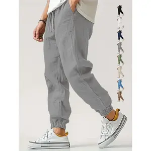 Men's fashionable linen jogging pants, breathable, comfortable and loose, adjustable drawstring, summer casual wear, 8 colors to choose from, gray men's wear, casual and fashionable pantsRAIMENTRY