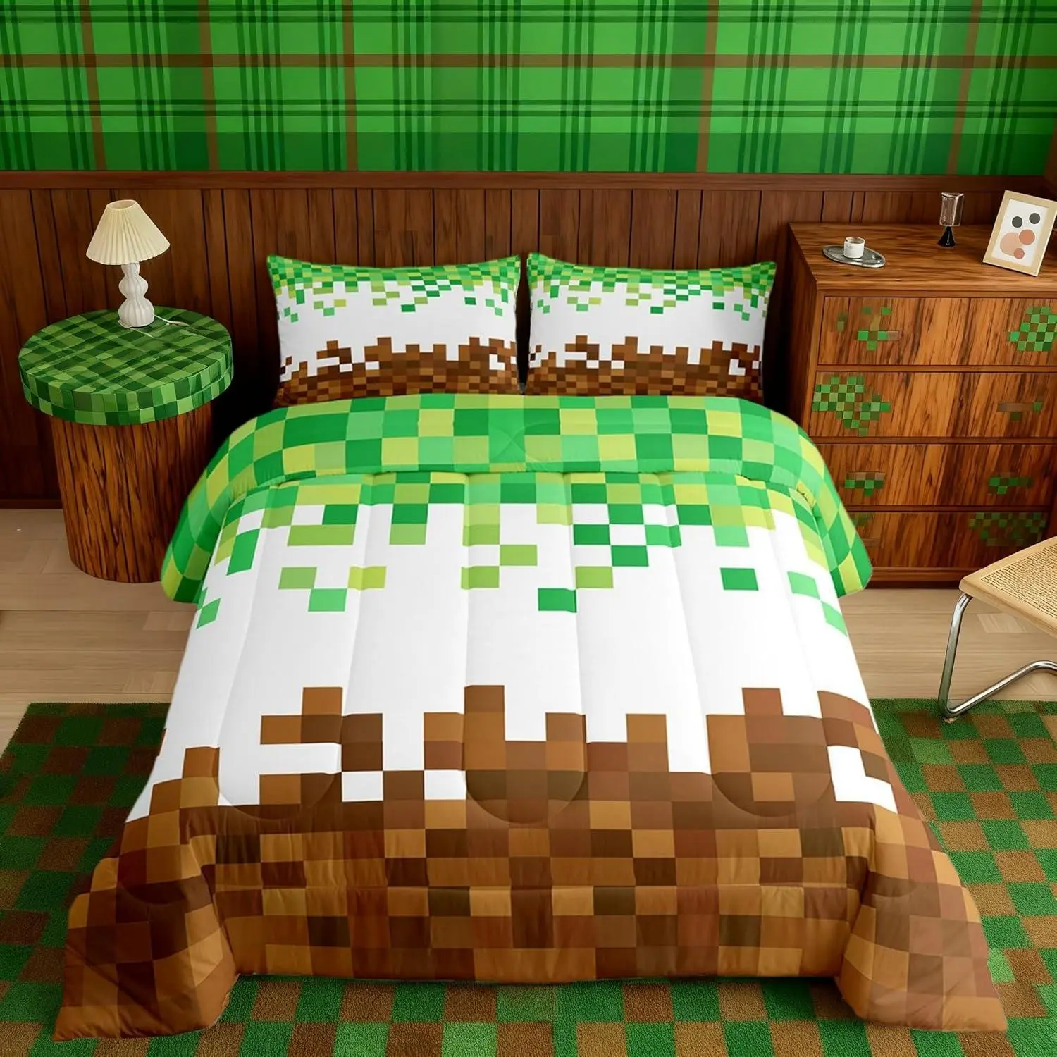 Pixelated Kids Comforter Set,Geometric Patchwork Grid Bedding Set for Teens Adults Bedroom Decor,Games Miners Duvet Insert,Brown Green Quilted Duvet Set