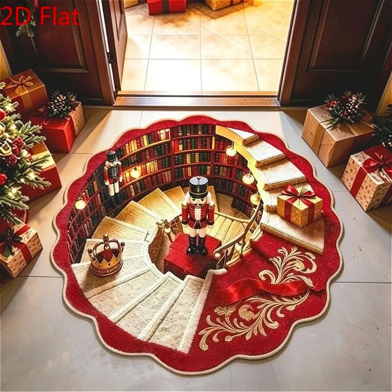 Velvet 900G+9Mm 2D Flat Christmas Nutcracker Shaped Round Carpet Visual Illusion Entrance Hall Anti-Slip Holiday Mat Creative Living Room Sofa Decoration Carpet Bedroom Decoration Bedside Carpet Realistic Bathroom Kitchen Carpet Washable Christmas D