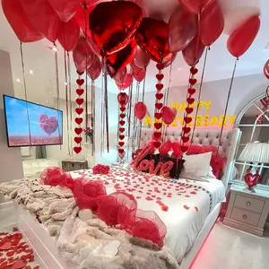 Anniversary decorations, happy anniversary banner, red felt garland hanging string hearts, heart balloons, love balloon, red silk rose petals for wedding bridal shower bachelorette party decorations
