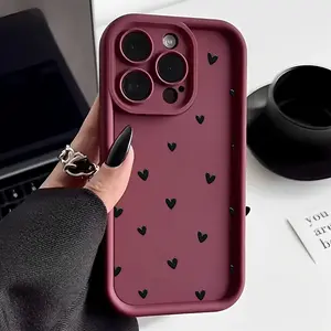 [Wine Red] Stylish Phone Case |       Compatible with Iphone17 16, 15, 14, 13, 12, 11 Pro Max, XS, And XR |       Wine Red Base Color |       Small Black Heart Patterns |       Fashionable Illustration Style