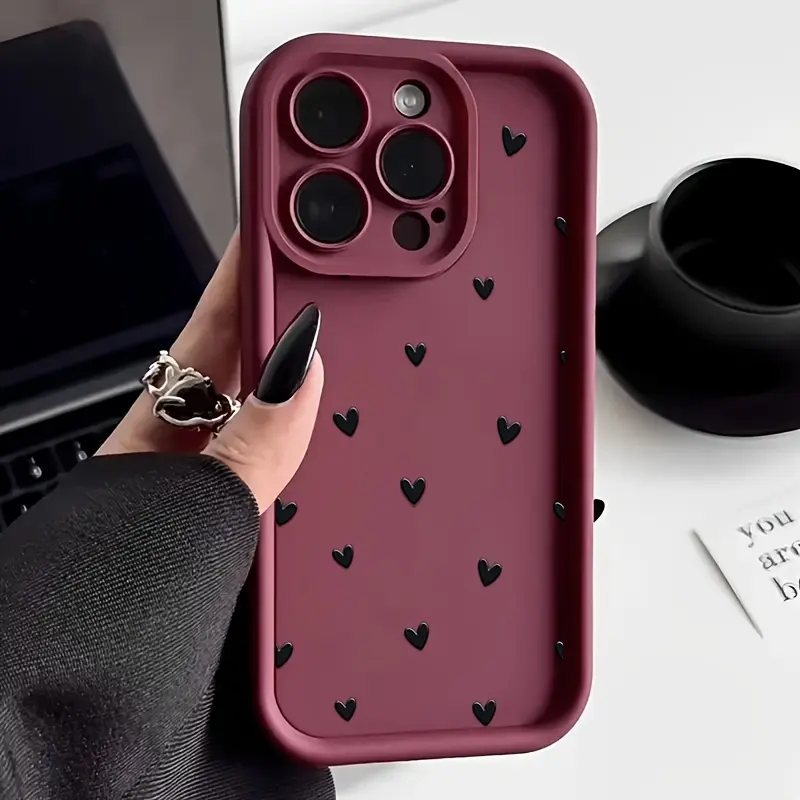 [Wine Red] Stylish Phone Case |       Compatible with Iphone17 16, 15, 14, 13, 12, 11 Pro Max, XS, And XR |       Wine Red Base Color |       Small Black Heart Patterns |       Fashionable Illustration Style